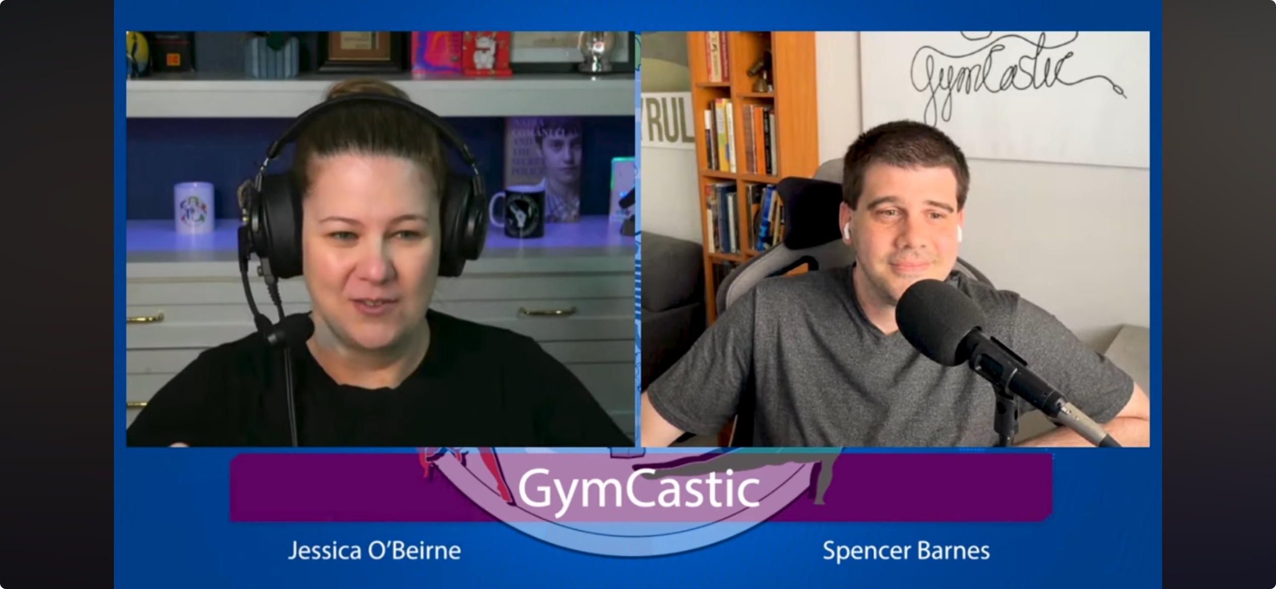A screenshot of GymCastic's Spencer Barnes and Jessica O'Beirne recording an episode of the podcast. They are shown side-by-side on separate feeds, and a banner reading "GymCastic" is displayed below their feeds.